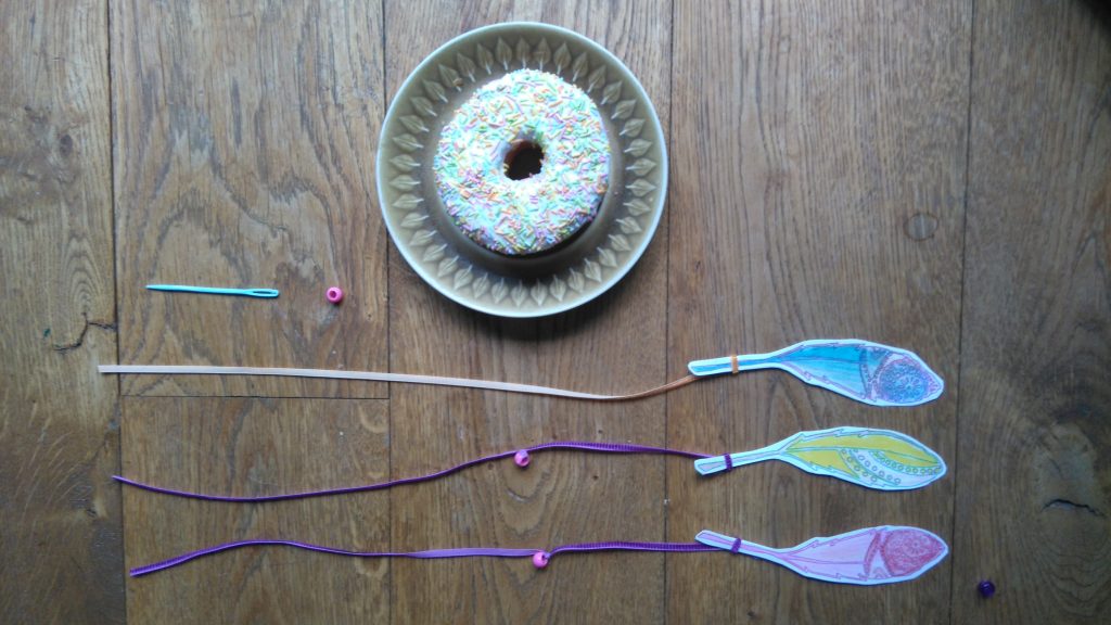feathers attached to ribbon ready to attach to your doughnut
