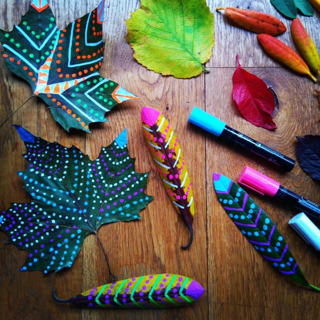 eco friendly kids crafts autumn leaves decorated with chalk pen kids nature play activity