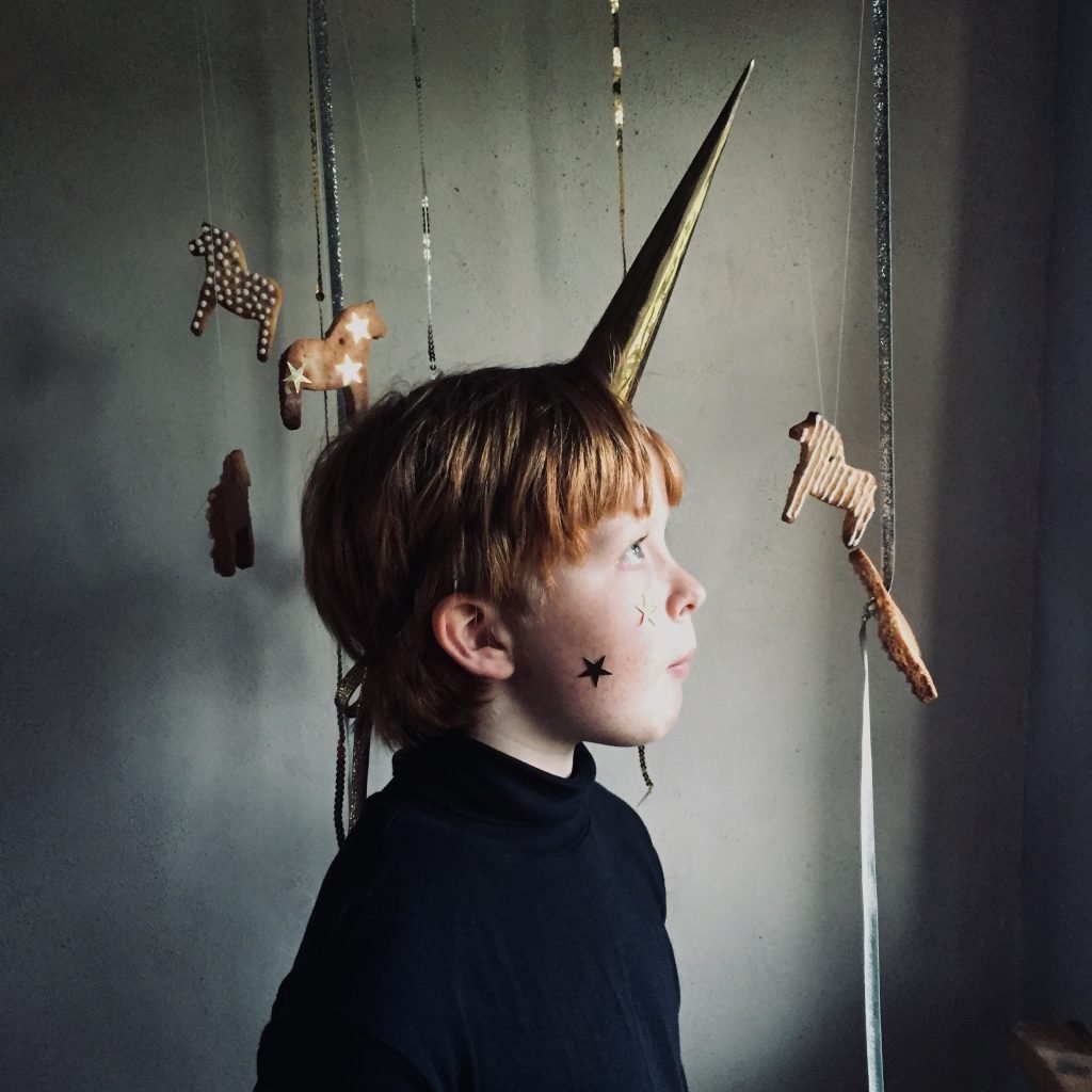 boy with a unicorn horn on his head