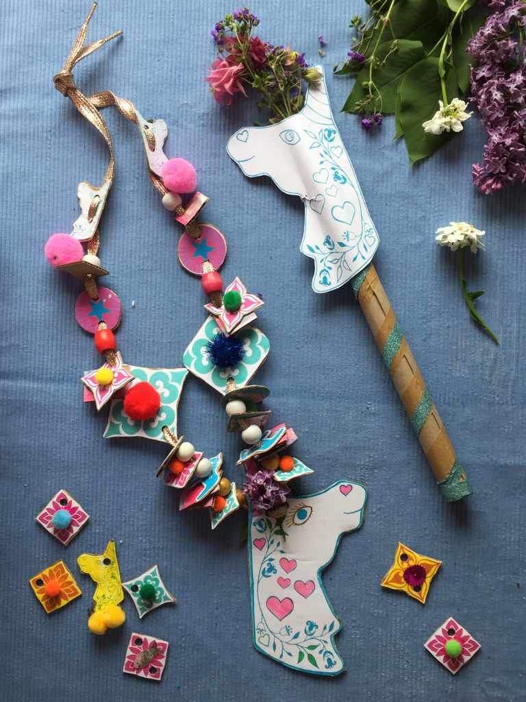 recycled cardboard craft for kids make a sustainable and colourful unicorn wand and necklace