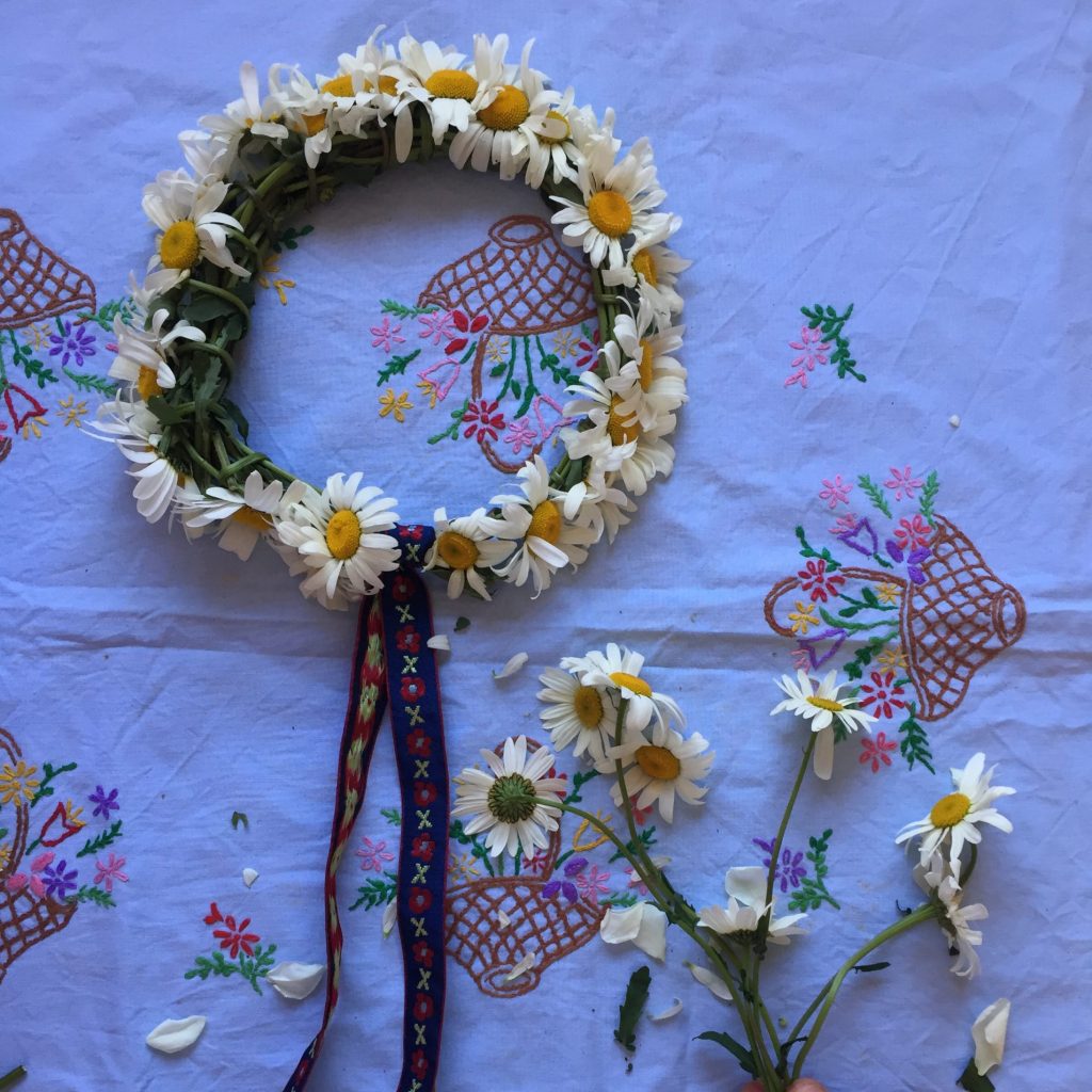 traditionally made flower crown from giant daisies