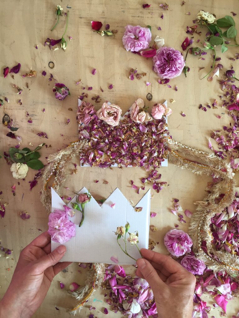 make a beautiful rose petal crown from your garden roses and a cardboard box