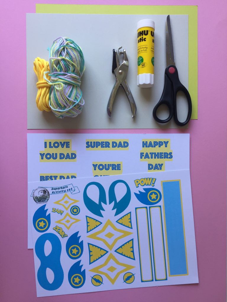 a free superhero themed printable for a homemade fathers day card and bunting set kids craft