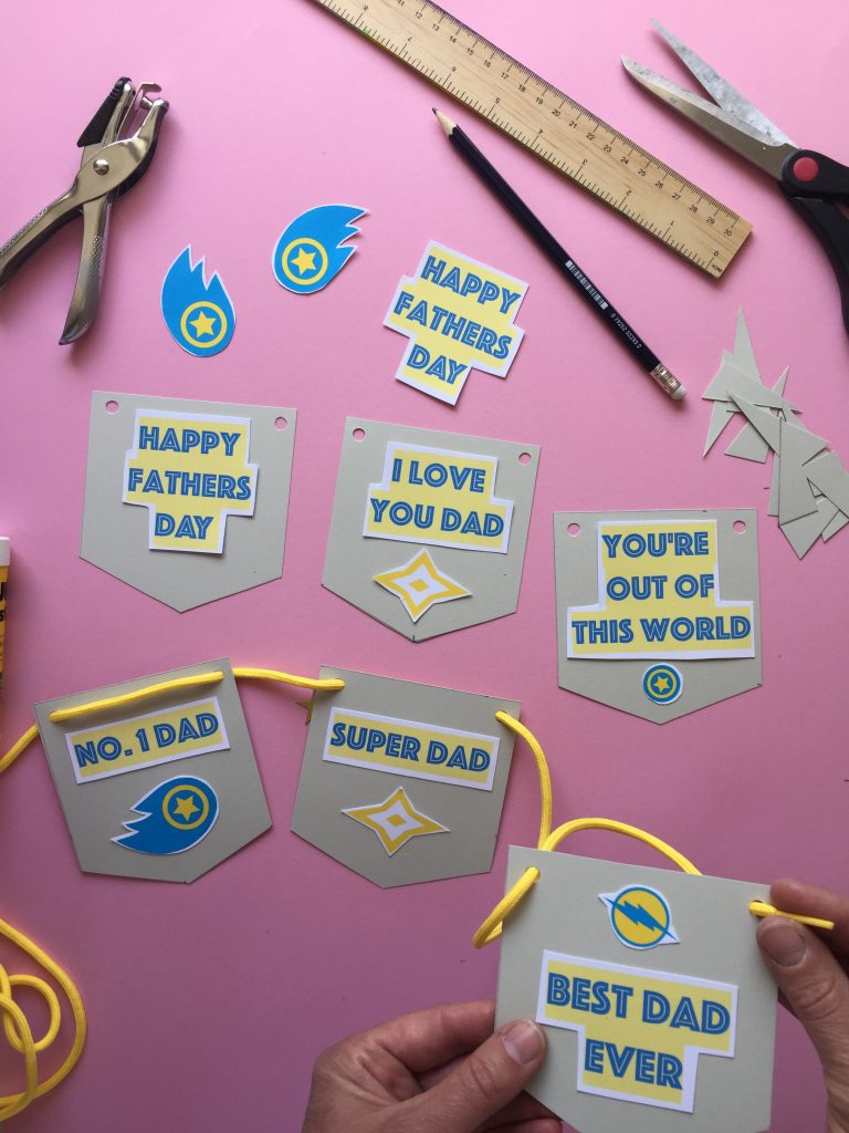 superhero themed kids homemade fathers day bunting made with free pdf craft printables
