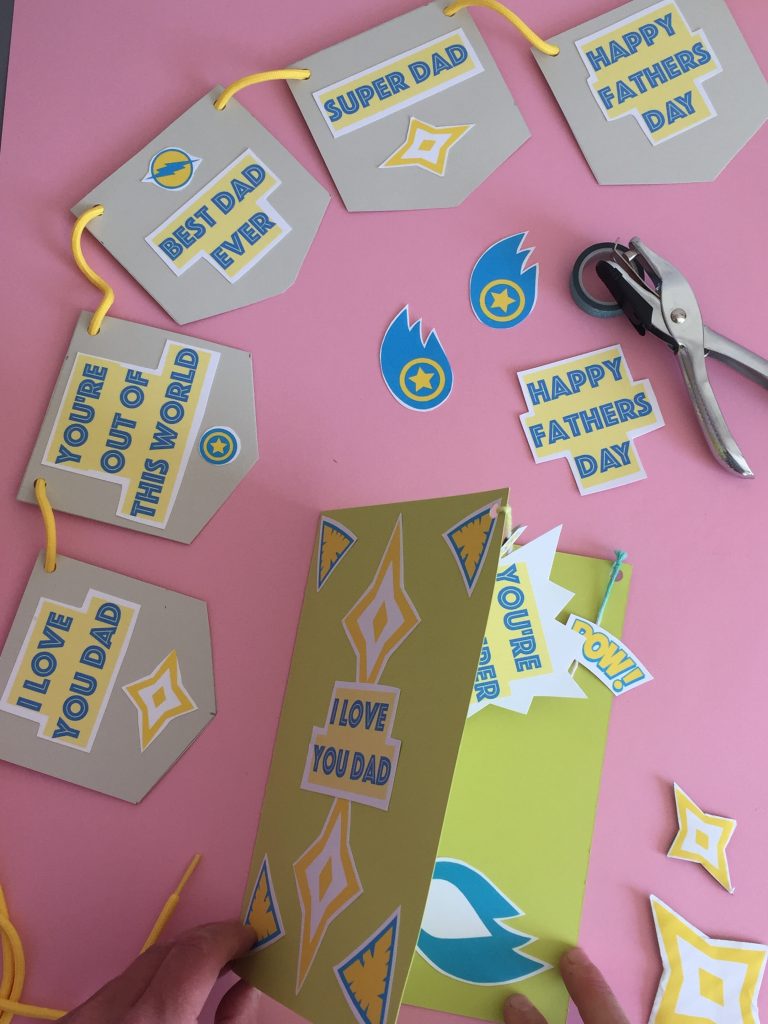 the finished superhero themed kids homemade fathers day card and bunting - made with our free pdf craft printables