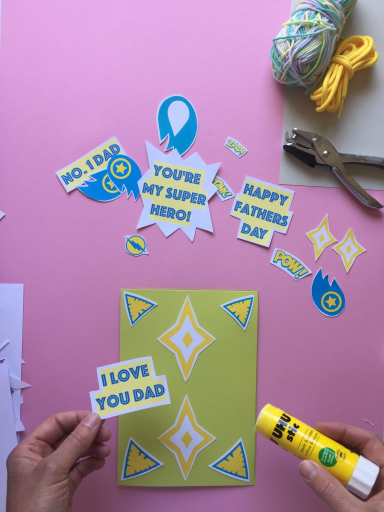 superhero themed kids homemade fathers day card and bunting craft with free pdf craft printables
