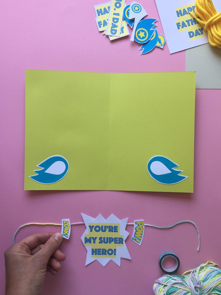 superhero themed kids homemade pop up fathers day card and bunting craft with free pdf craft printables